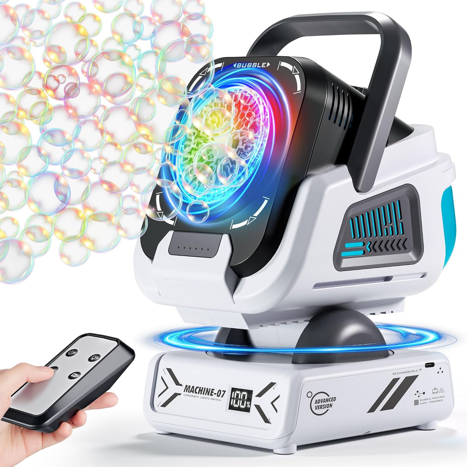 Belemar upgraded bubble machine front view with RGB lights active