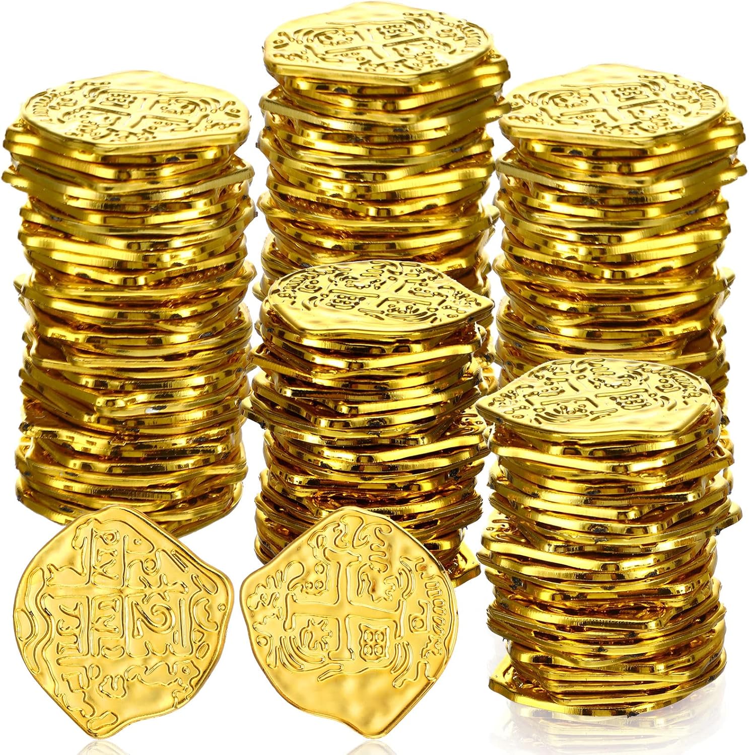 Hanaive plastic gold pirate coins set in a large stack view