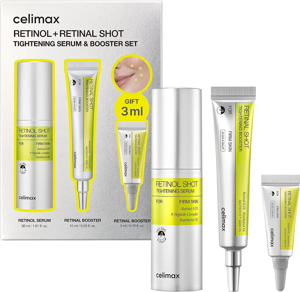 Celimax Retinol Shot Serum thirty milliliter bottle alongside the fifteen milliliter Retinal Booster tube for pore minimizing care.