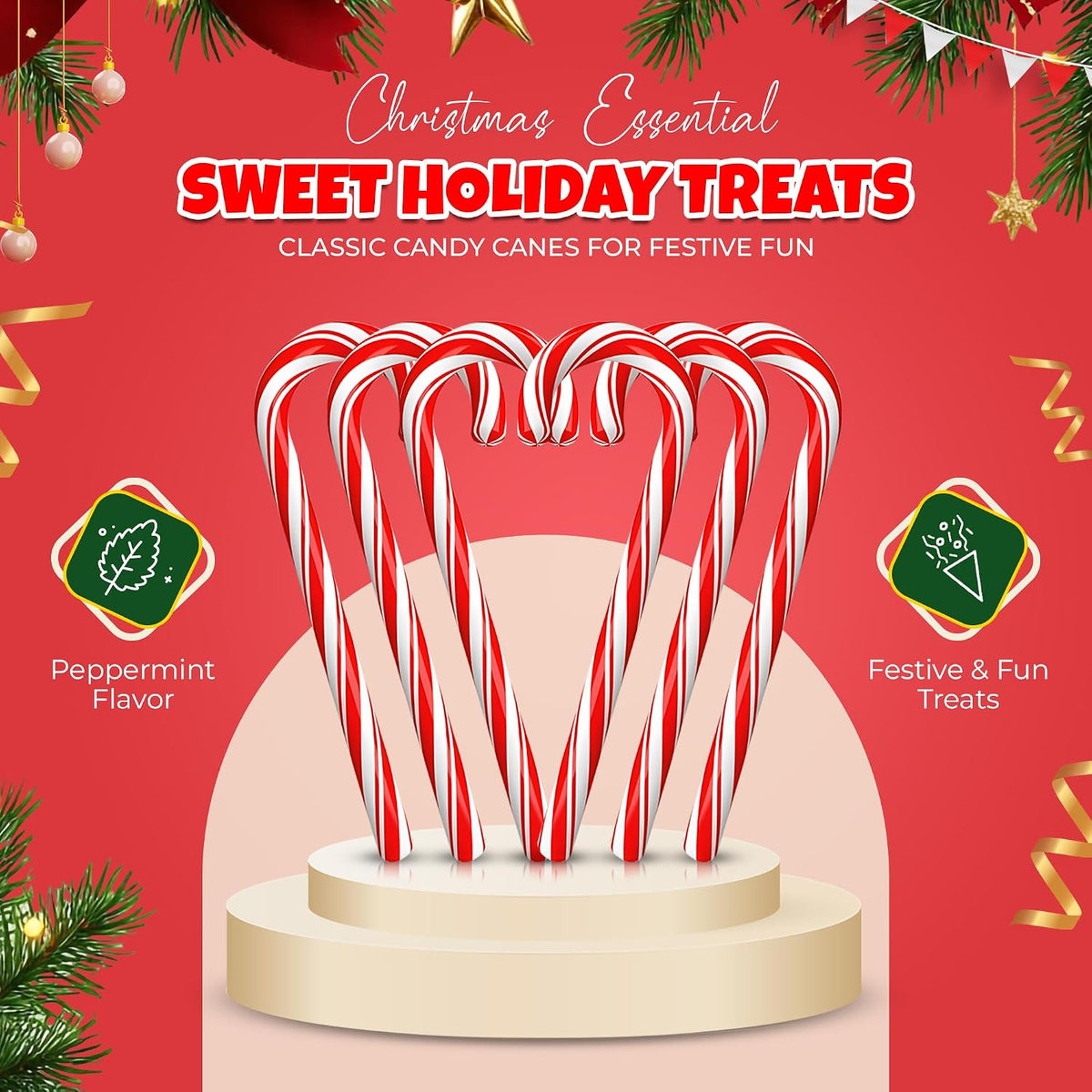 Imported festive peppermint sugar canes used as holiday tree decorations.