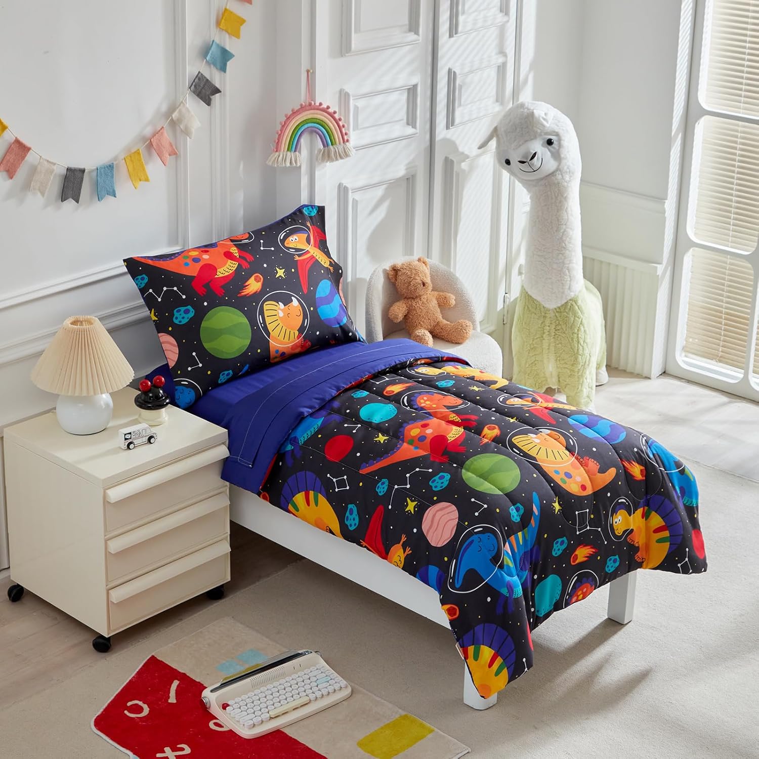 Uozzi Bedding kids comforter sheet set front view featuring navy space dinosaur print