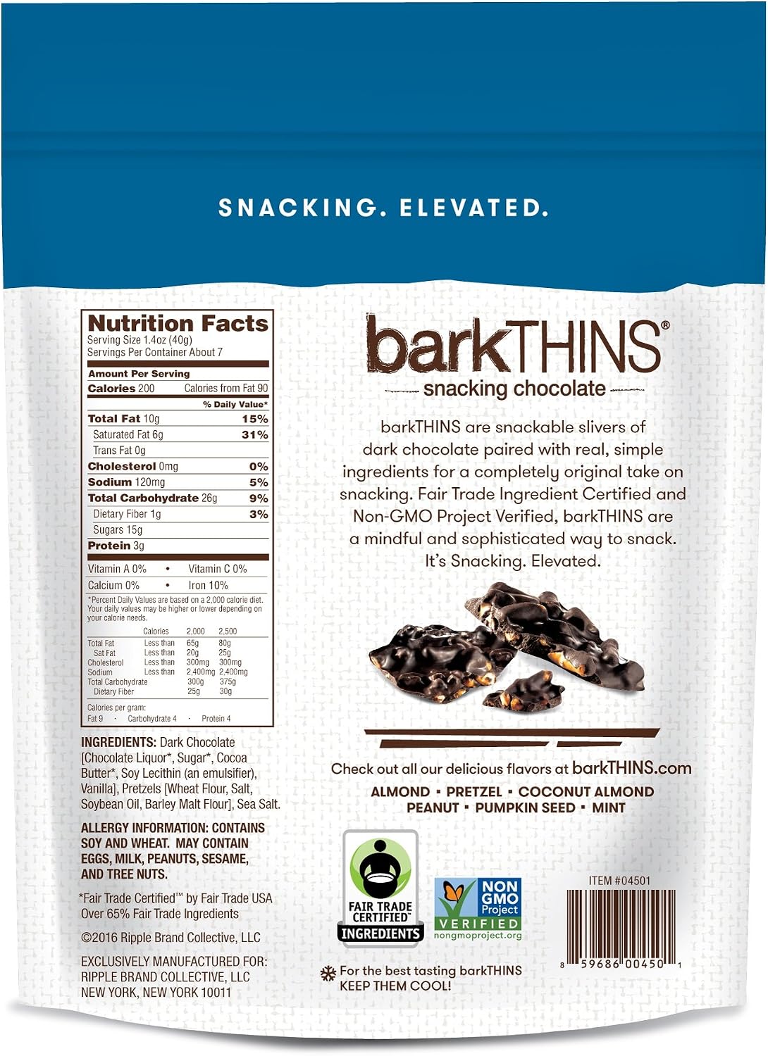 Close up of BarkThins dark chocolate slivers with visible pretzel and sea salt