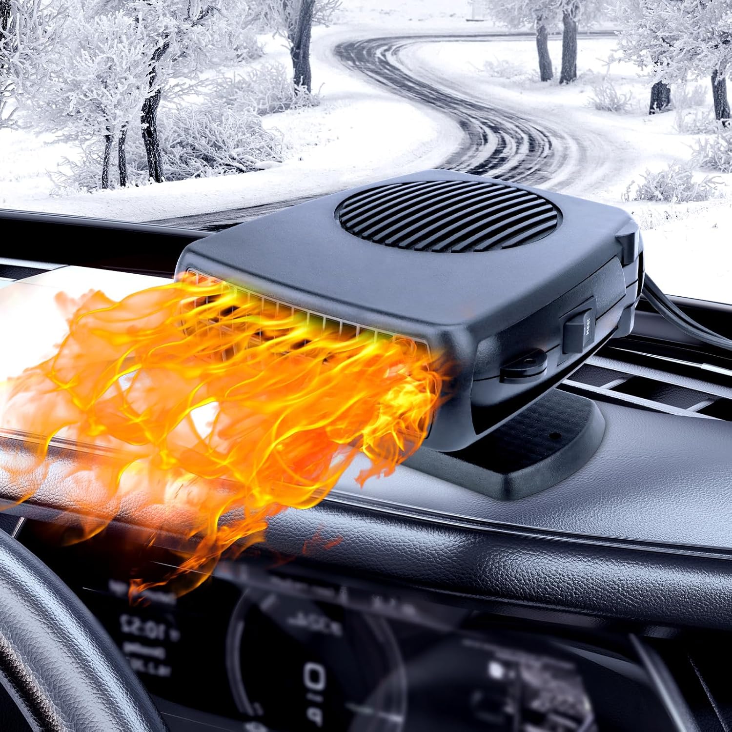 KINOWJI 12V car heater front view on a vehicle dashboard showing compact design