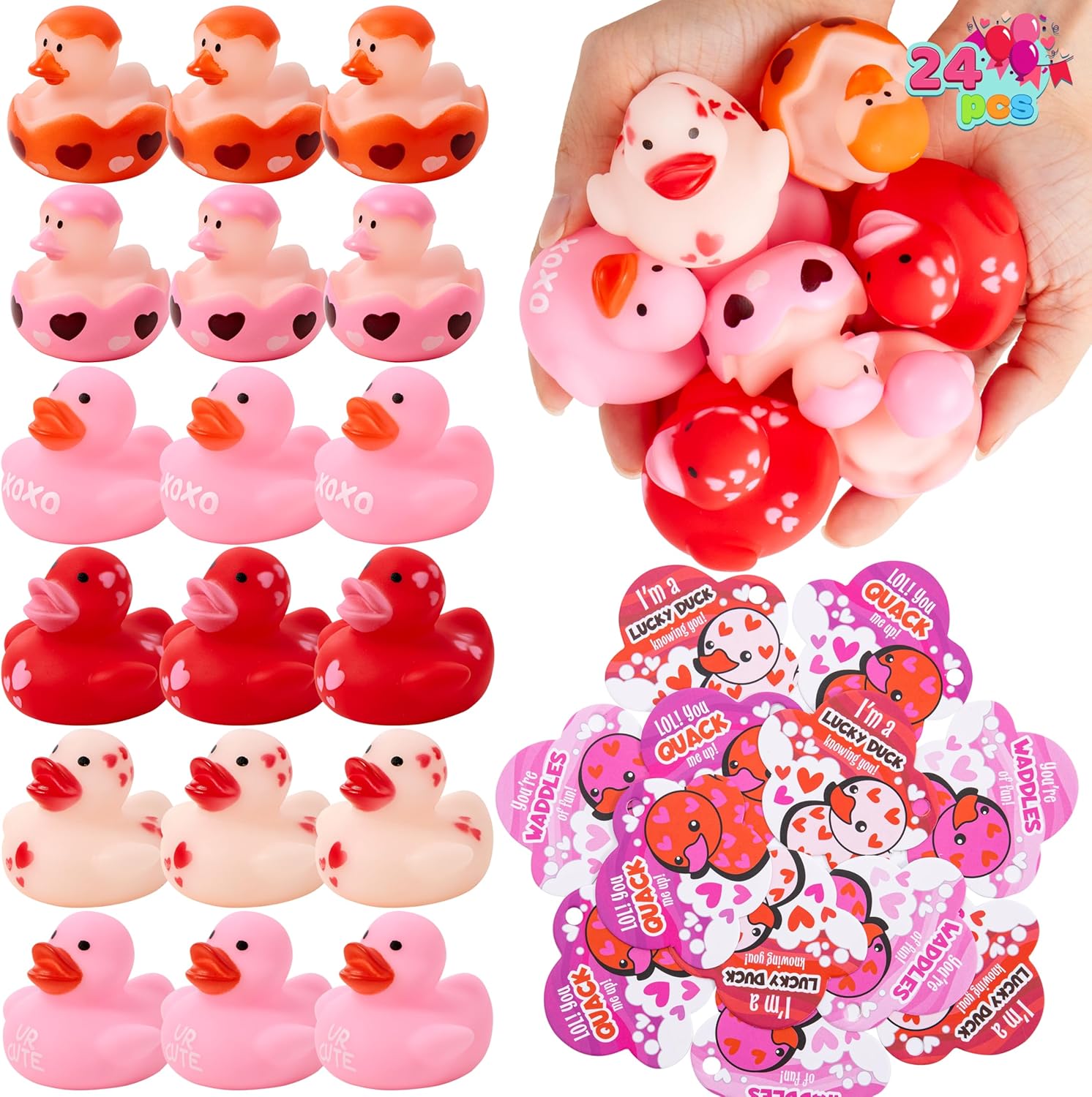 Joyin 24 piece Valentines Day gift cards and rubber ducks set front view