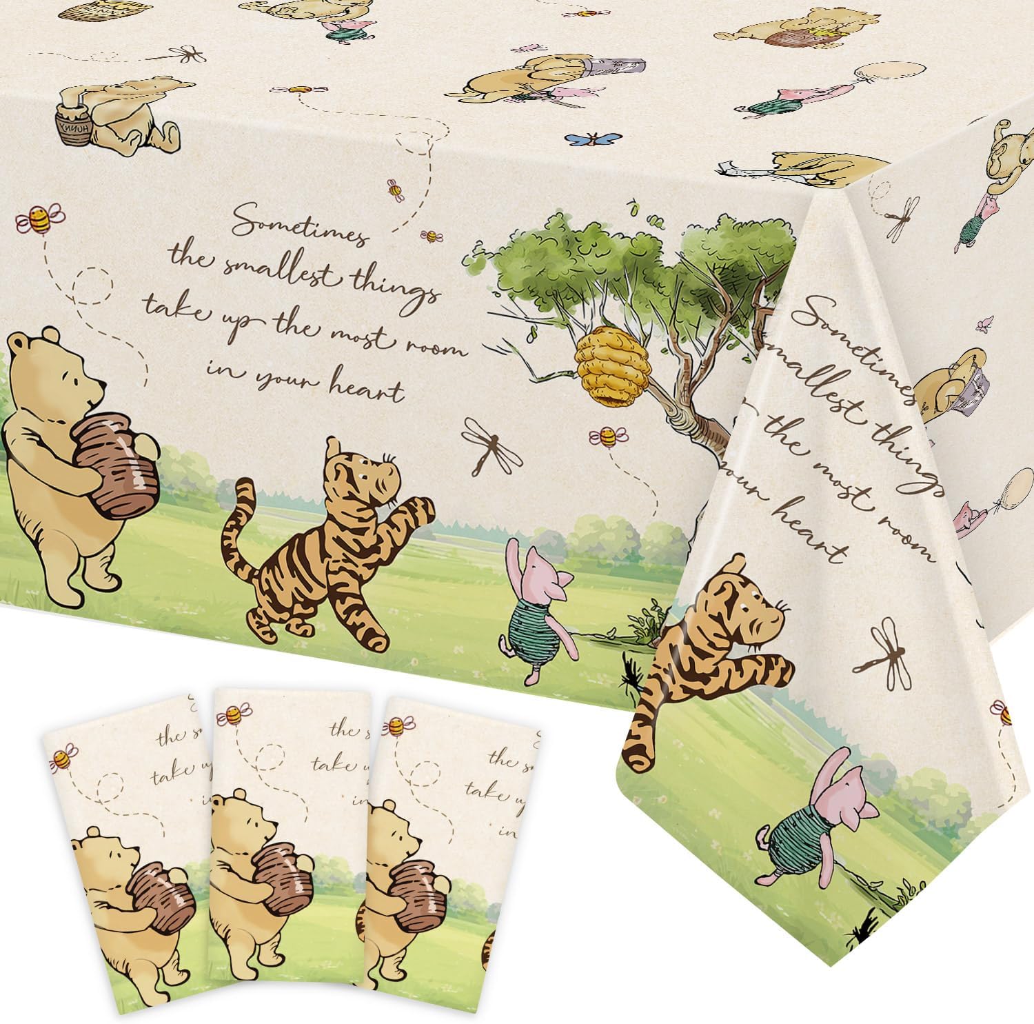ZsaTuiy classic winnie bear baby shower tablecloth front view showcasing vintage character illustrations