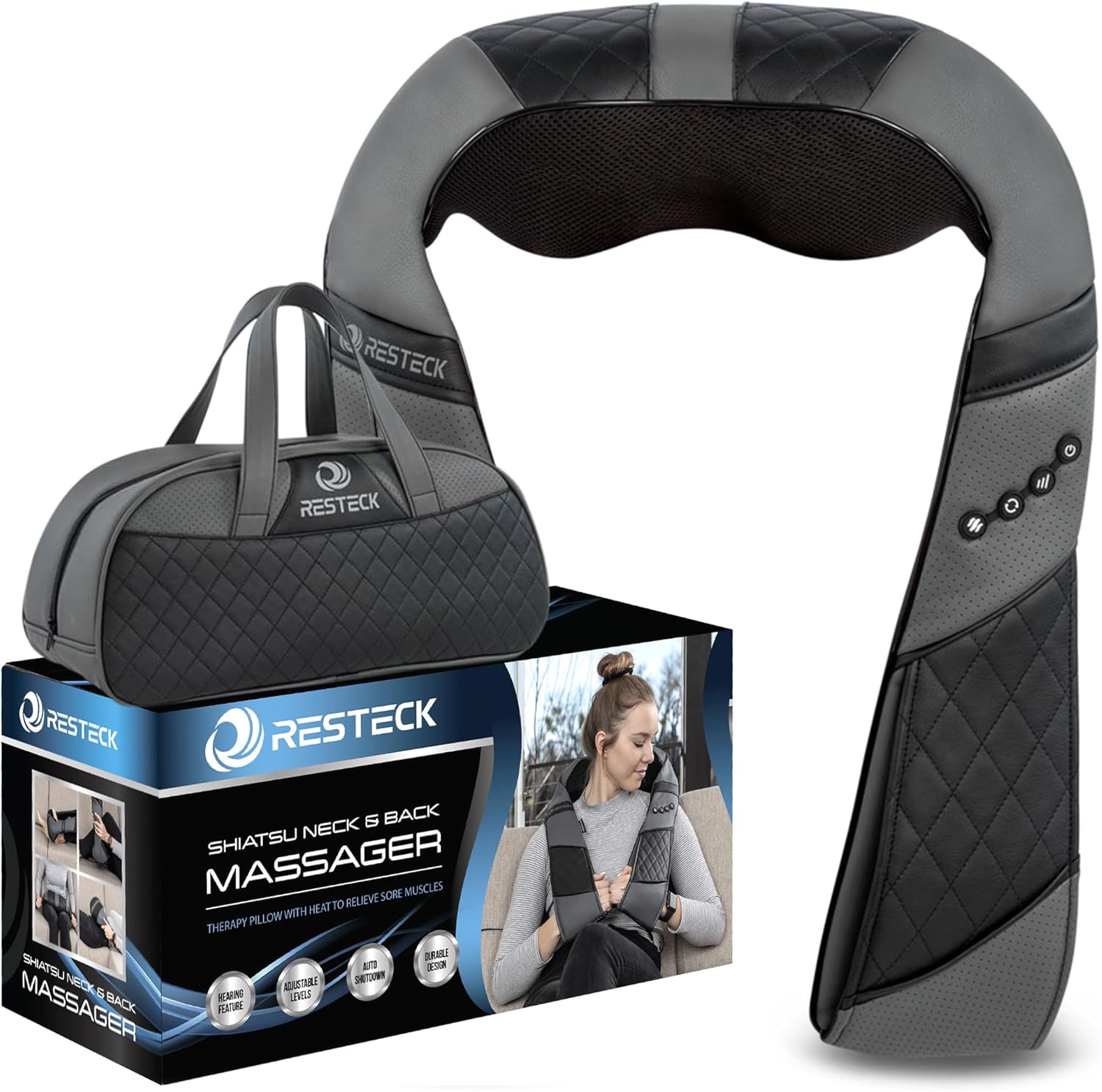 RESTECK Shiatsu neck and back massager front view showing 3D kneading nodes and premium leather finish