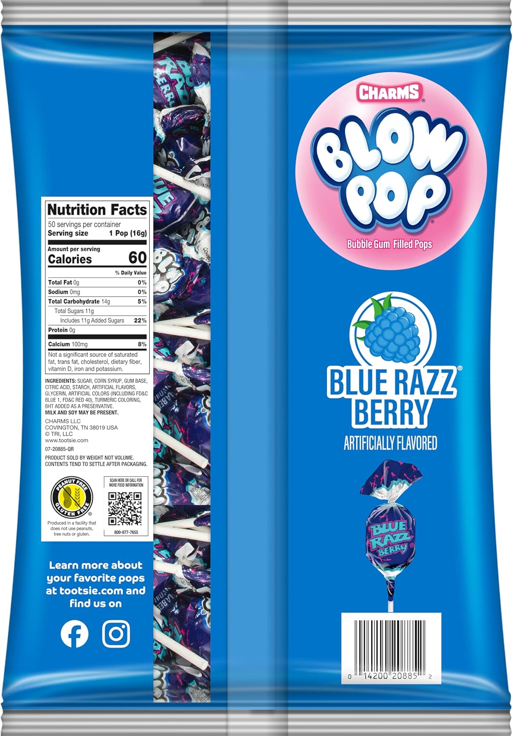 Individually wrapped Charms Blue Razz Berry Blow Pops scattered on a surface