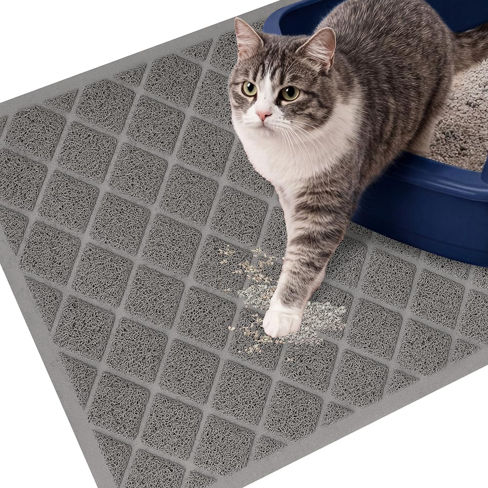 Gorilla Grip gray cat litter box mat front view showing cushioned coil mesh texture