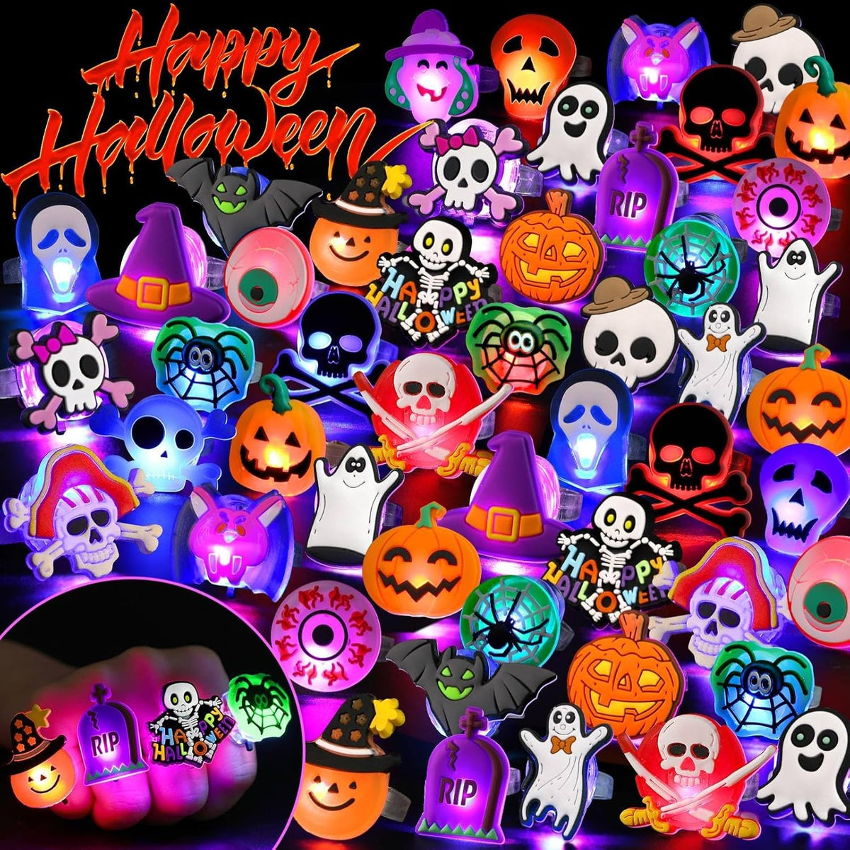 Halloween Party Favors for Kids Adults Halloween Treats 50Pcs LED Ring Accessories Light Up Rings Accessories Flash Rings Non Candy Gift Bag Fillers NEW VERSION - Image 1