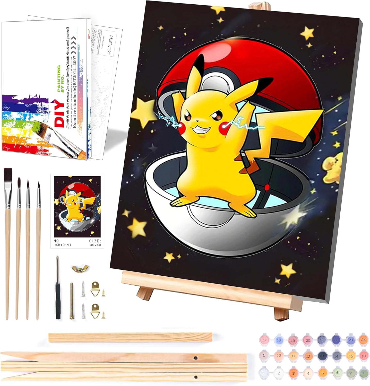 KOJEFCV Cartoon Paint by Numbers Kit front view showcasing packaging box and wooden easel