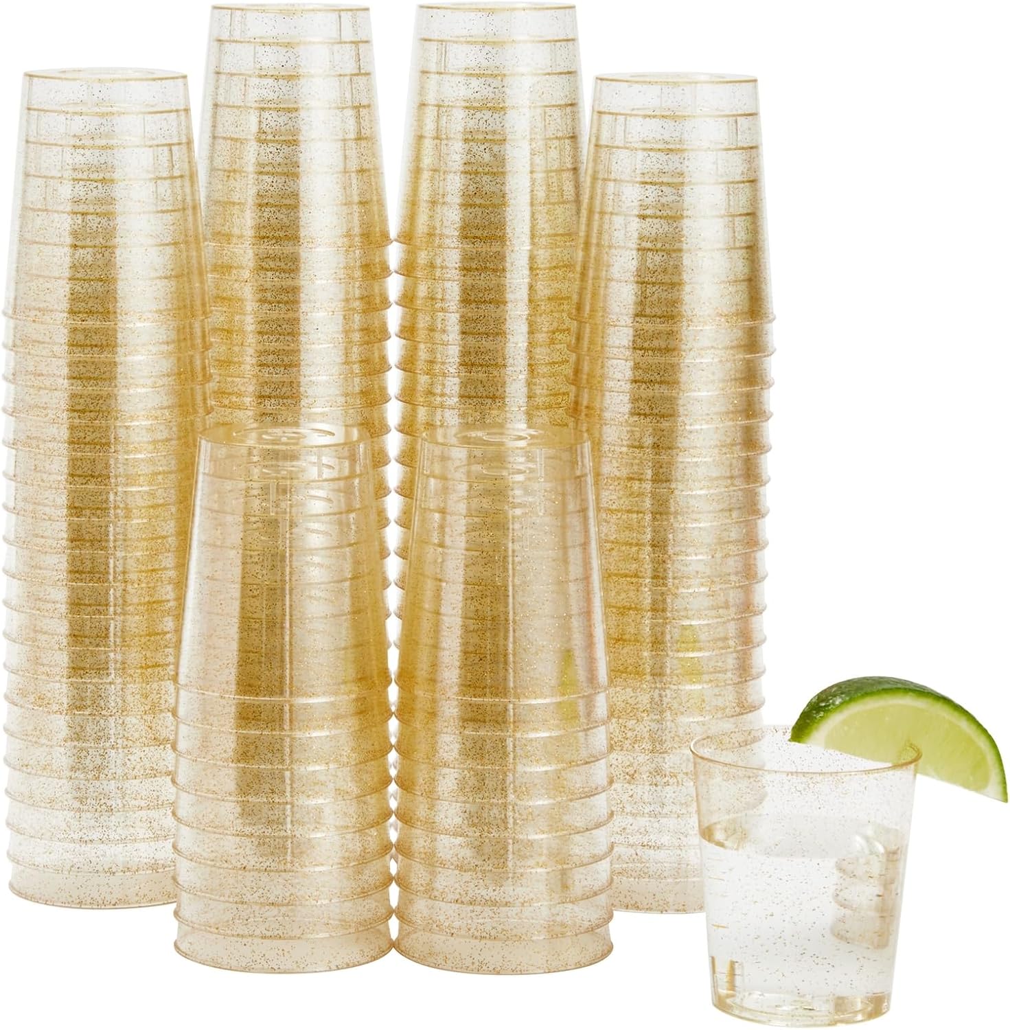 Juvale Gold Glitter Plastic Shot Glasses front view 100 count pack