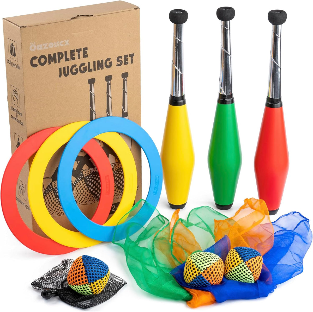 Oazoxcx Juggling Kit for Beginners Complete Set with balls scarves rings and clubs