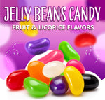 Glossy assorted fruit flavor jelly beans spread out on a white surface.