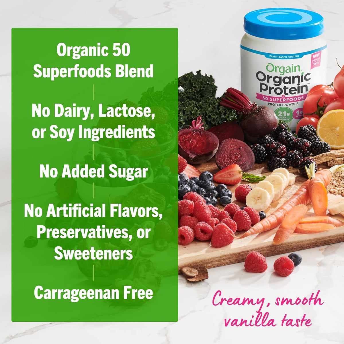 Orgain protein container side view showing organic certification