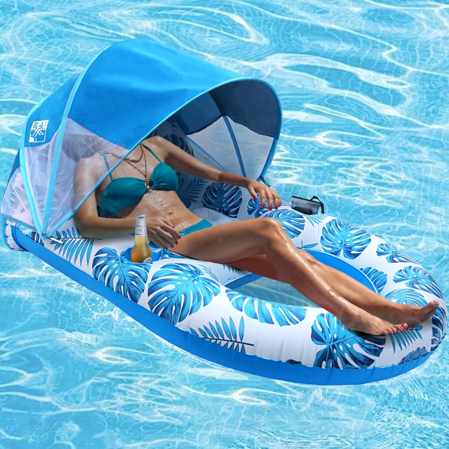 COOLCOOLDEE pool lounge float with canopy front view showing blue tropical design
