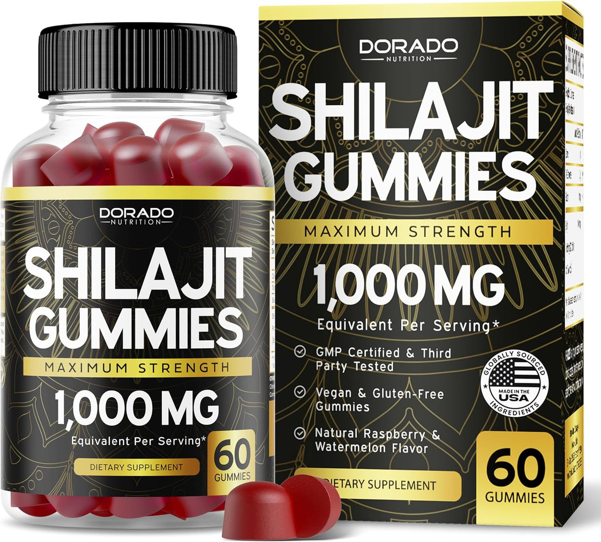 Close up of Dorado Nutrition Shilajit gummy bottle