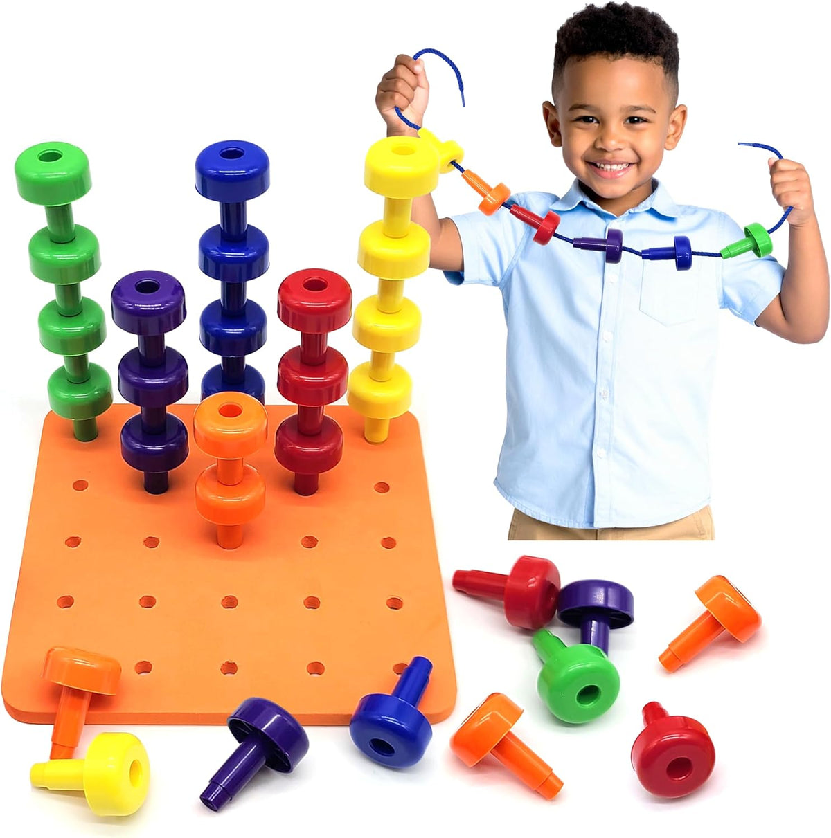 Blu Jay Foam Peg Board Toy front view featuring thirty-six colorful pegs and orange board.
