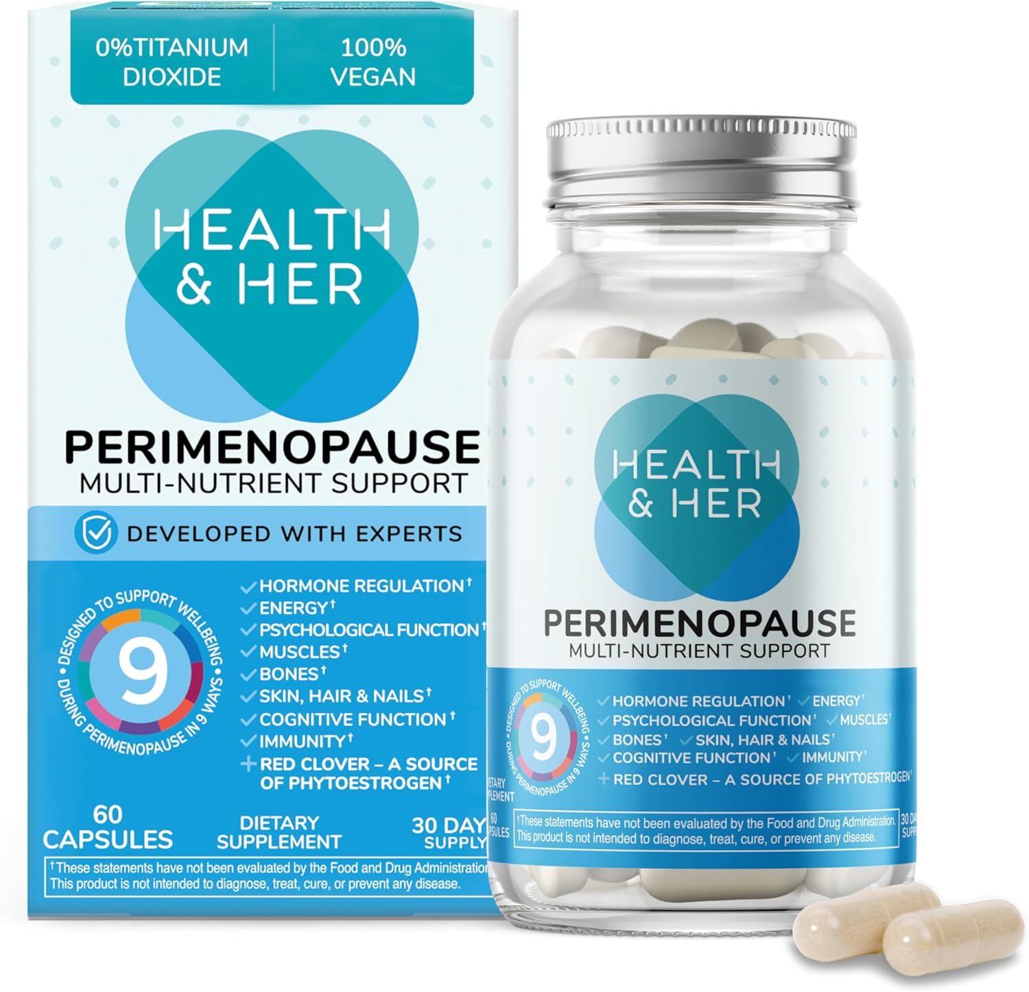 Health and Her Perimenopause Support 60 capsules front bottle view for hormonal balance.