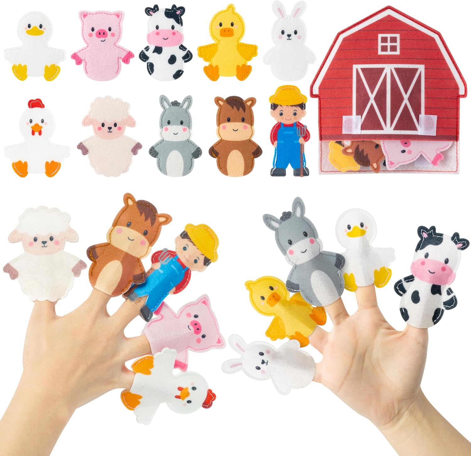 COcnny farm animal finger puppets front view showing 10 felt characters and barn bag