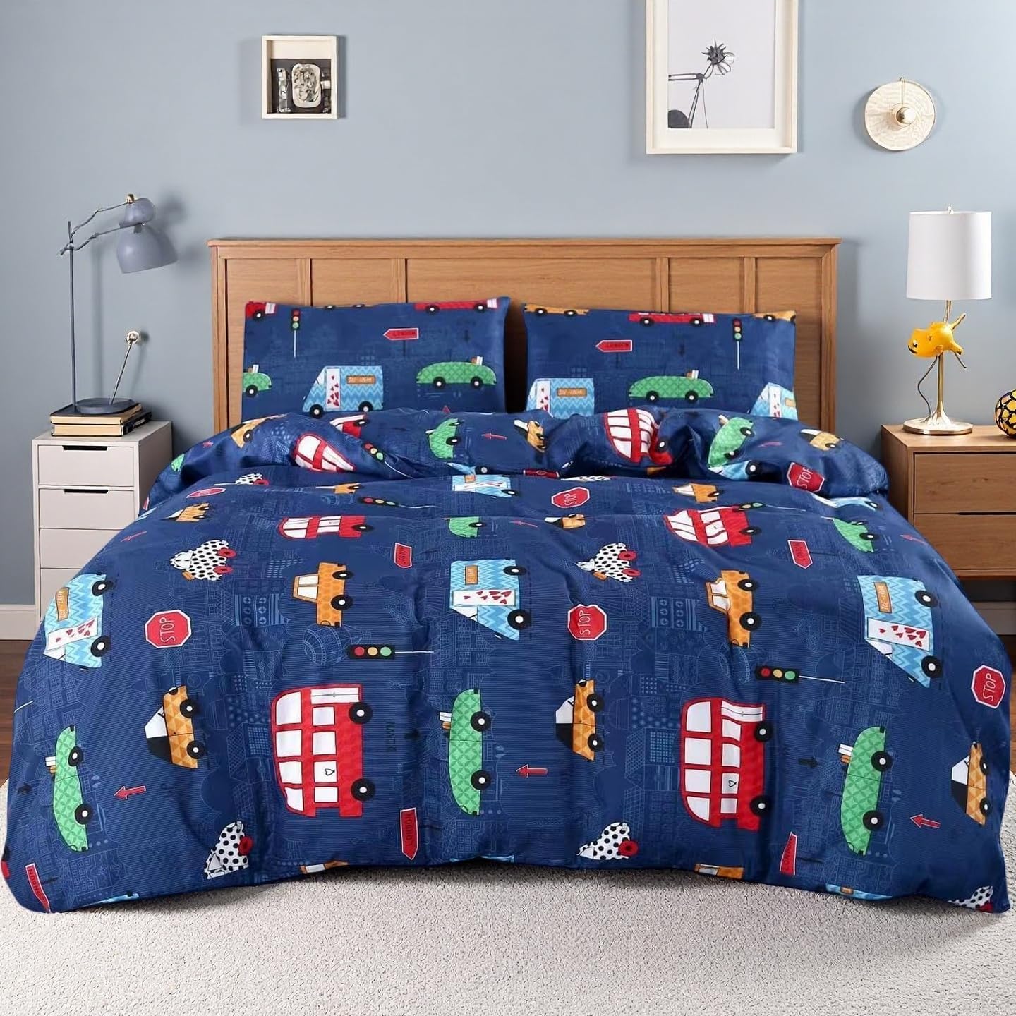 MAG car duvet cover set front view on a twin bed showing blue cartoon transportation print.