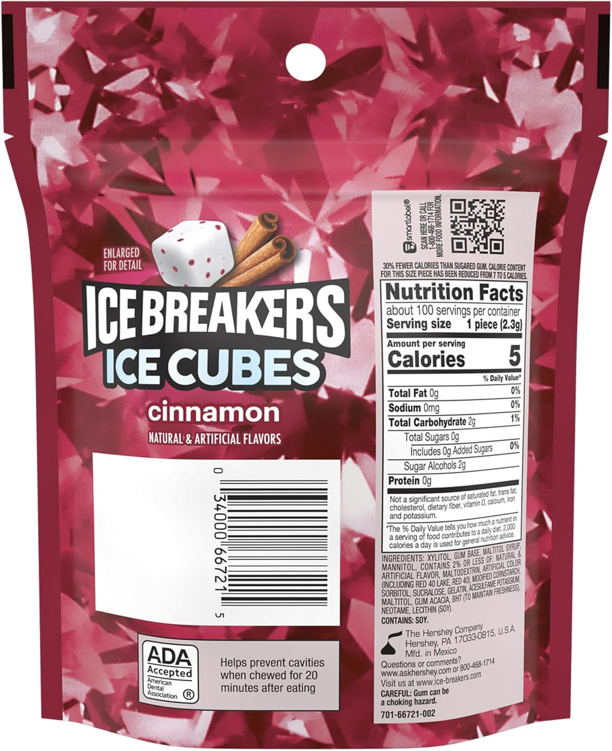 Ice Breakers Cinnamon 100 pieces resealable bag close up