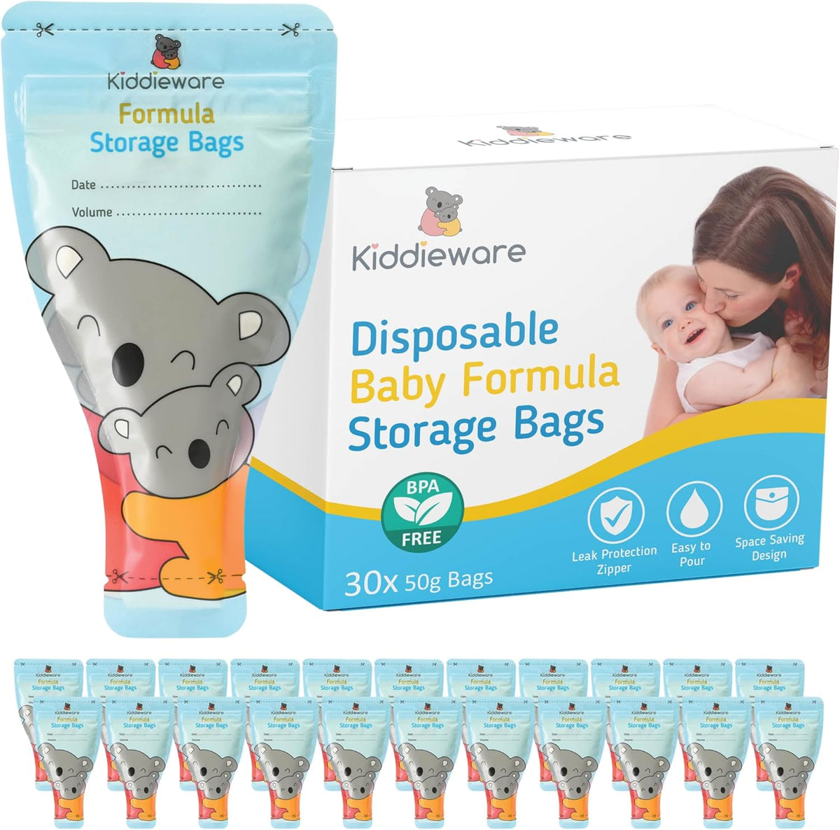 Kiddieware baby formula storage bags dispenser front view showing 30 pack packaging