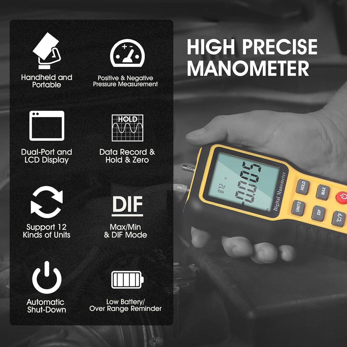 LYCEBELL digital manometer in use for HVAC diagnostics