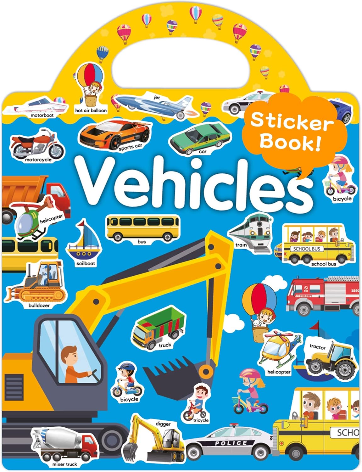 Benresive Reusable Sticker Book front view showcasing colorful vehicle theme graphics for kids travel activities.