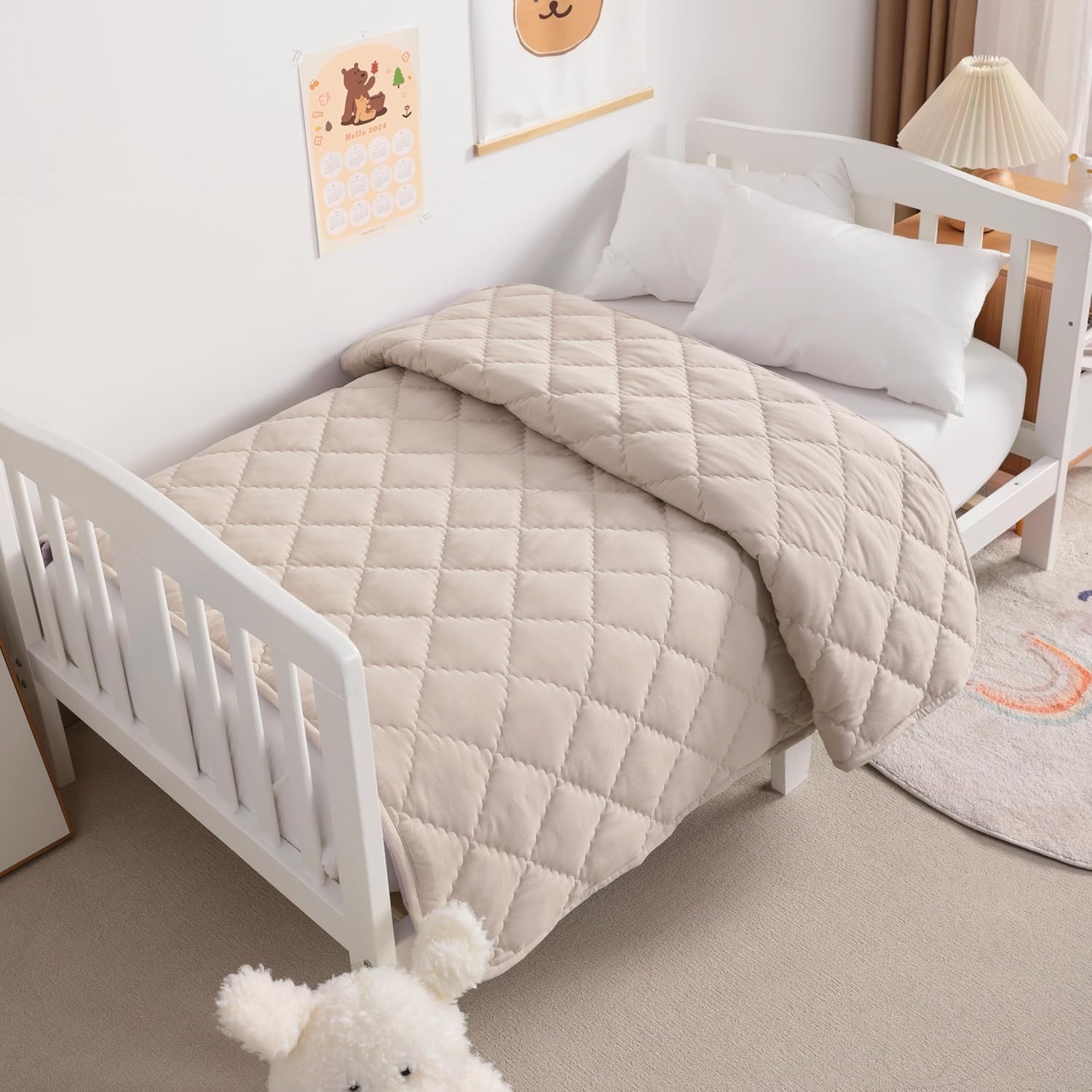 NTBAY down alternative toddler comforter front view light taupe baby quilt