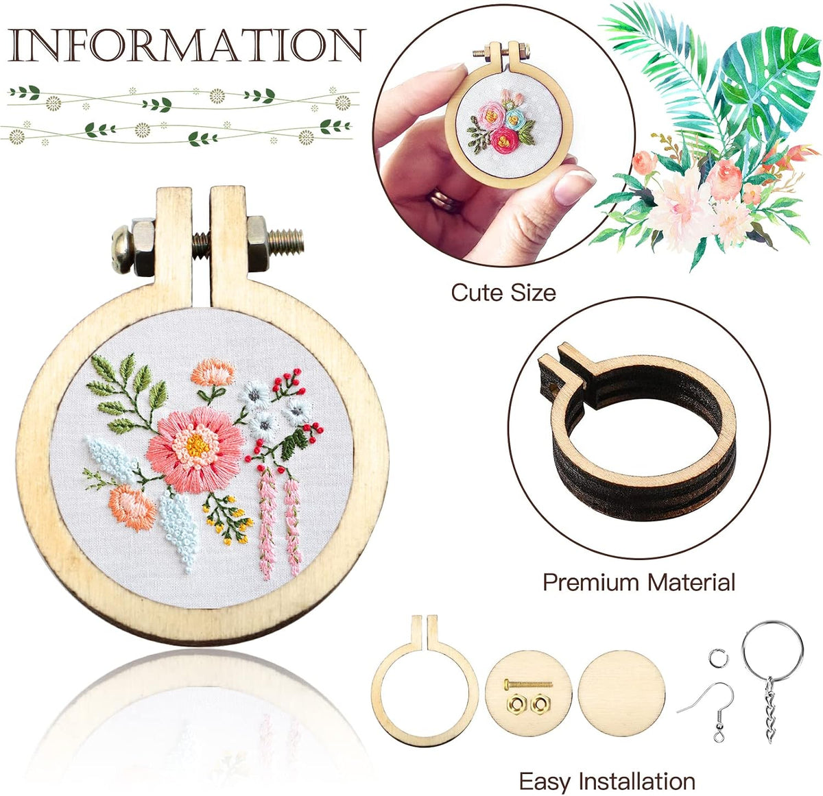ZOCONE 20 Packs Mini Embroidery Hoops, Small Ring Tiny Embroidery Hoops with Keychain Earring Hooks Jump Rings, Round Wood Hoops for DIY Embroidery Necklace Jewelry Pendant and Keychain - Image 4
