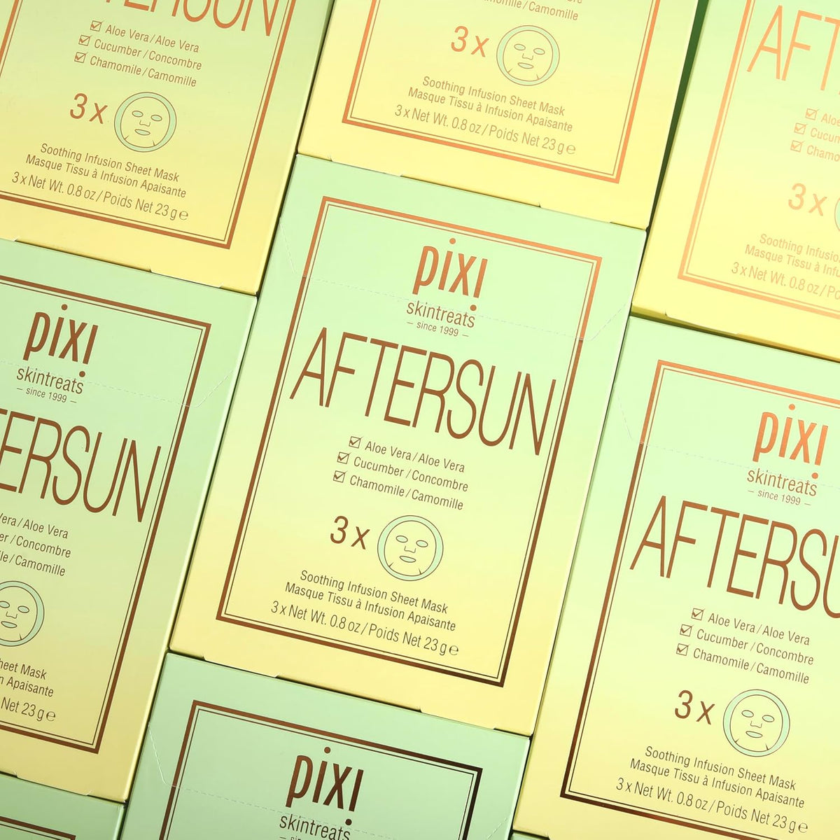 Pixi Aftersun sheet mask packaging highlighting aloe vera cucumber and chamomile ingredients
