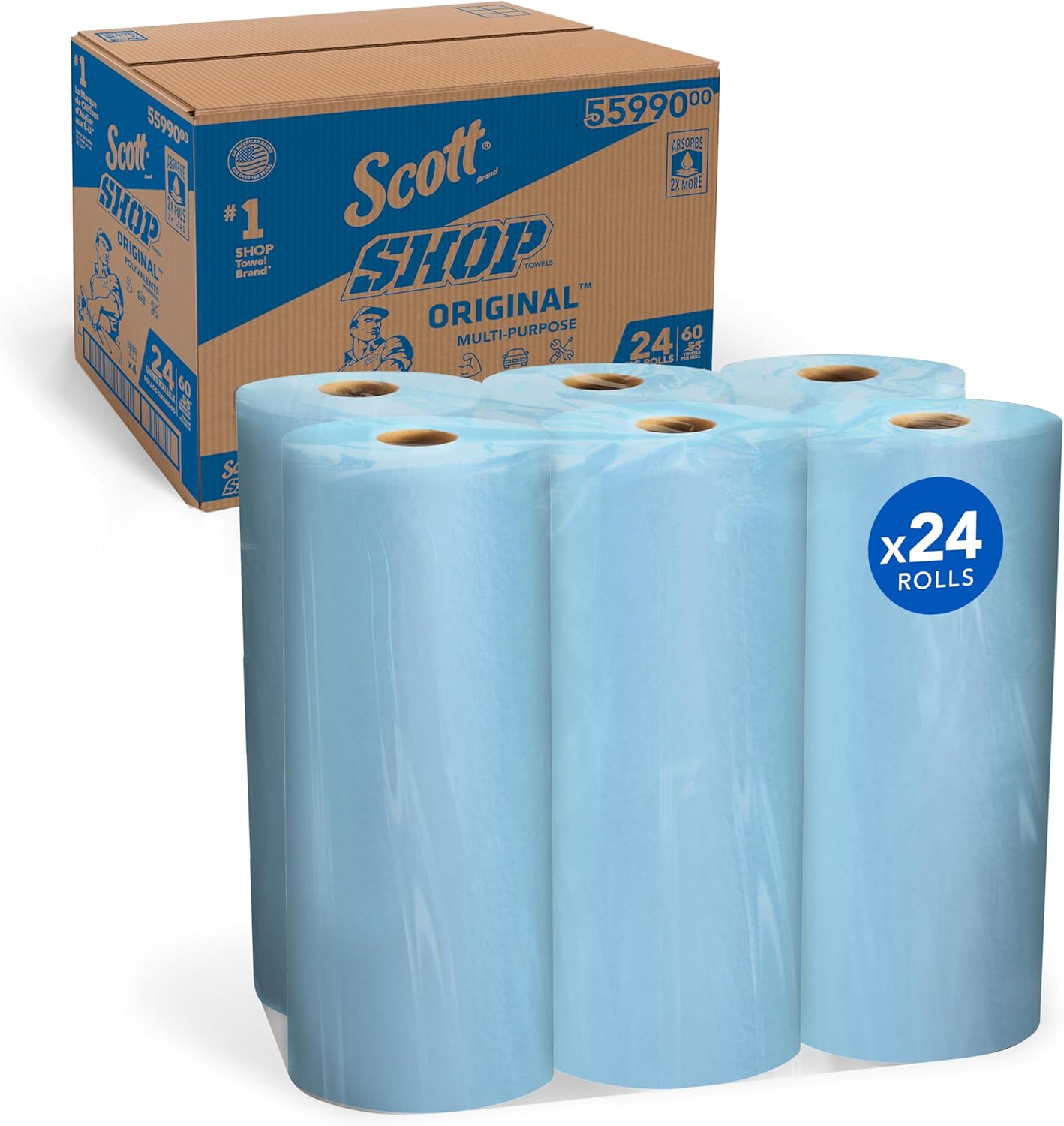 Scott Shop Original Blue Towels (55990), Large 9.4”x11 Cloth-like Paper Towel, 4 packs of 6 (60 Sheets/Roll, 24 Big Rolls/Case, 1,440 Sheet Total) - Image 1