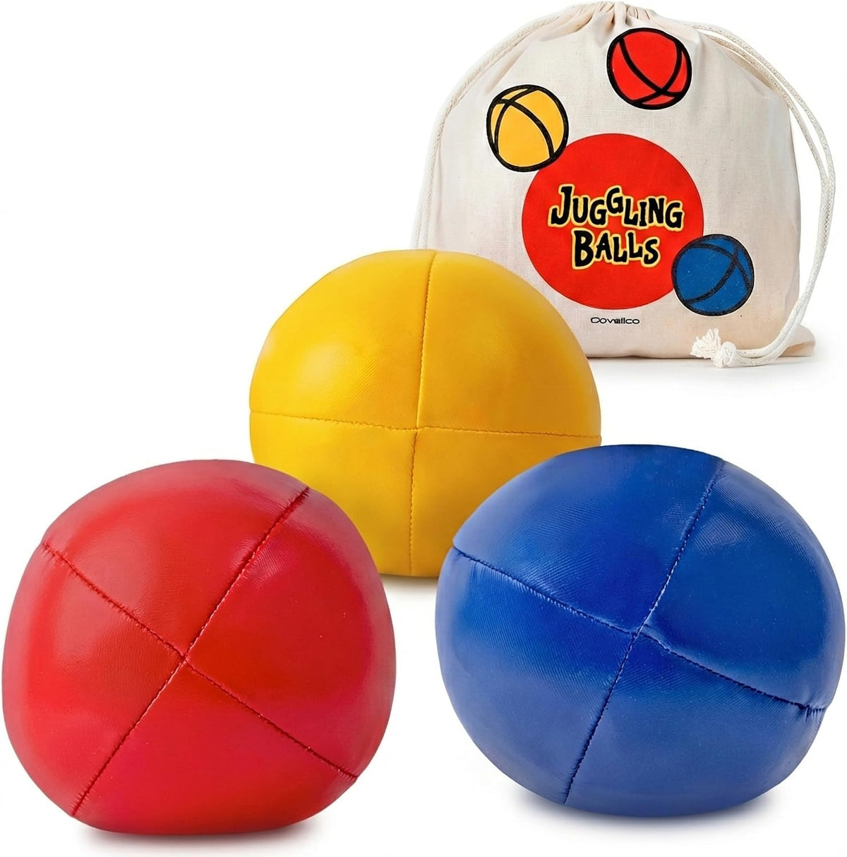 Covelico vibrant juggling balls beginner kit front view showing blue red and yellow bean bags