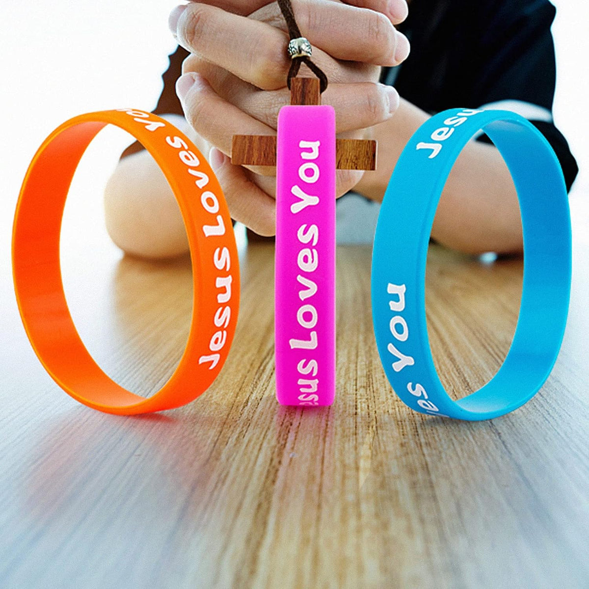 Pack of 36 motivational religious bracelets laid out