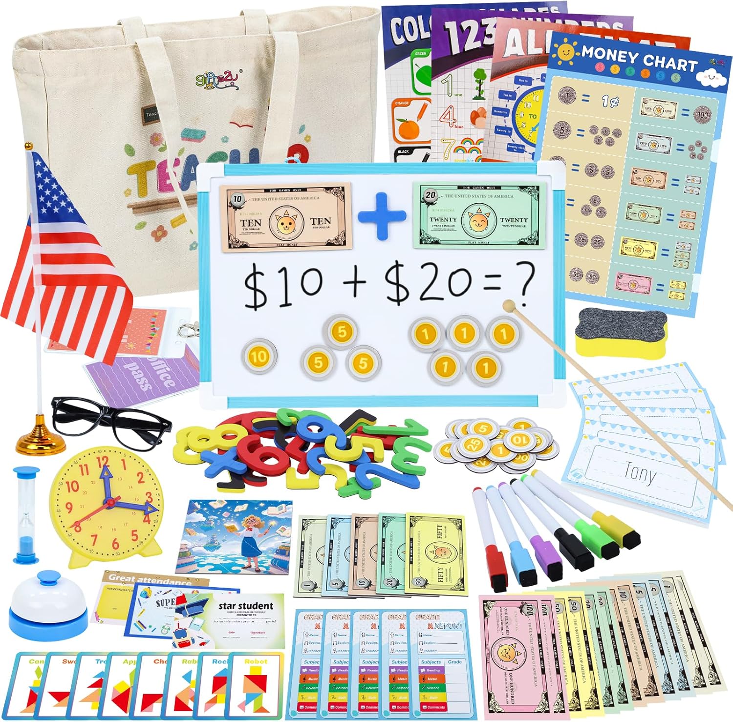 Gifts2U Pretend Teacher Playset front view displaying the complete classroom toy kit layout