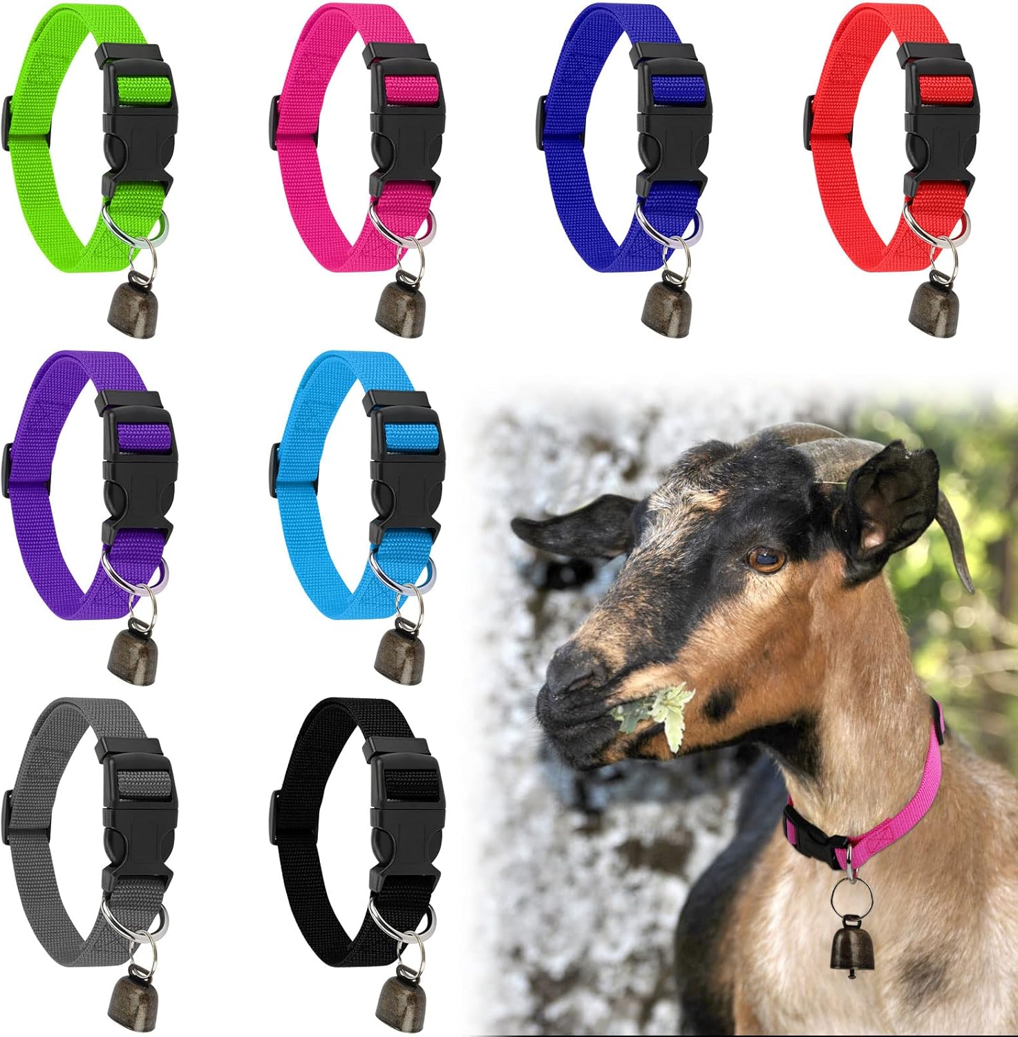 Gindoor 8 pack goat collar with bell front view displaying eight colorful nylon livestock tracking bands.