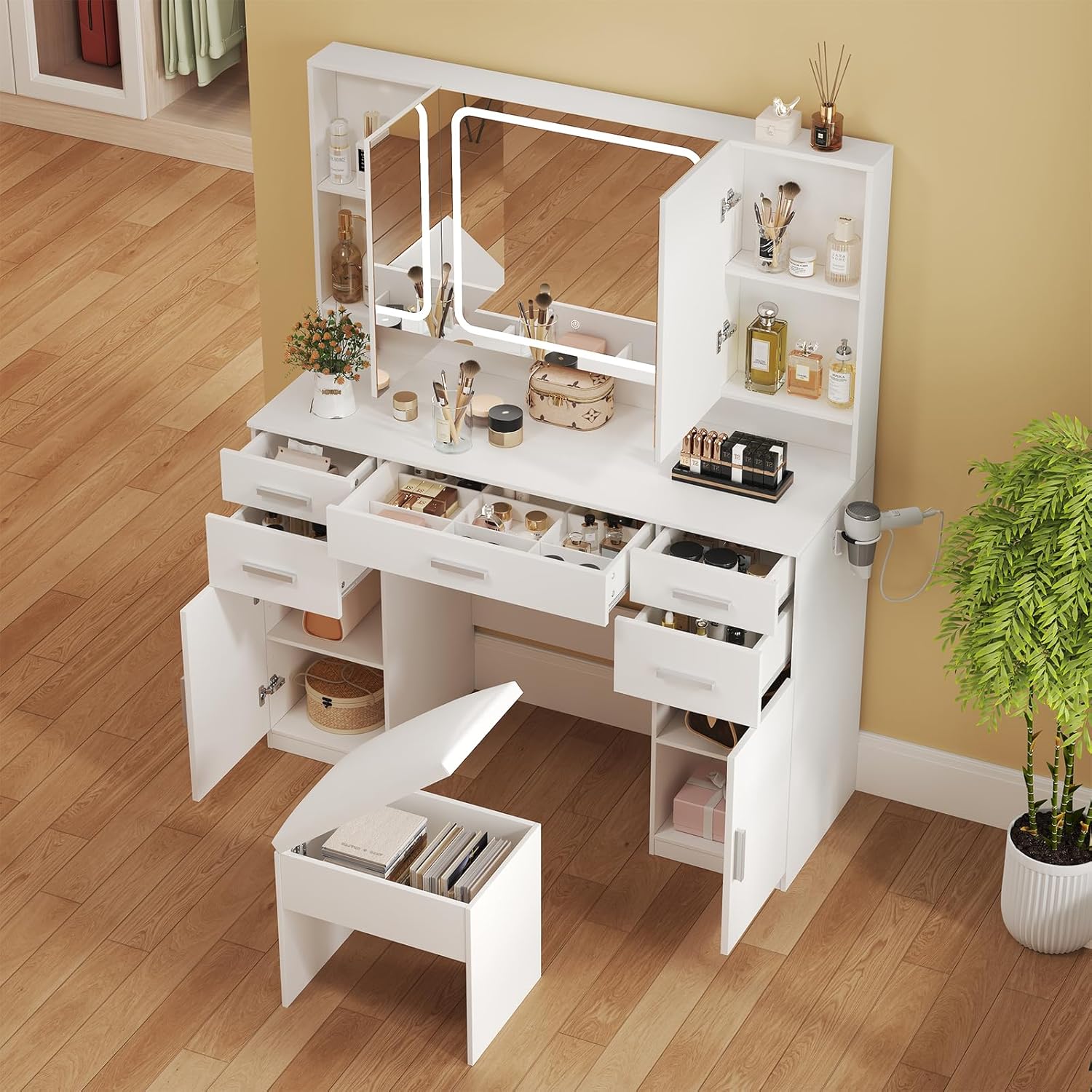 Airynee vanity desk with mirror and light front view showing nine drawers