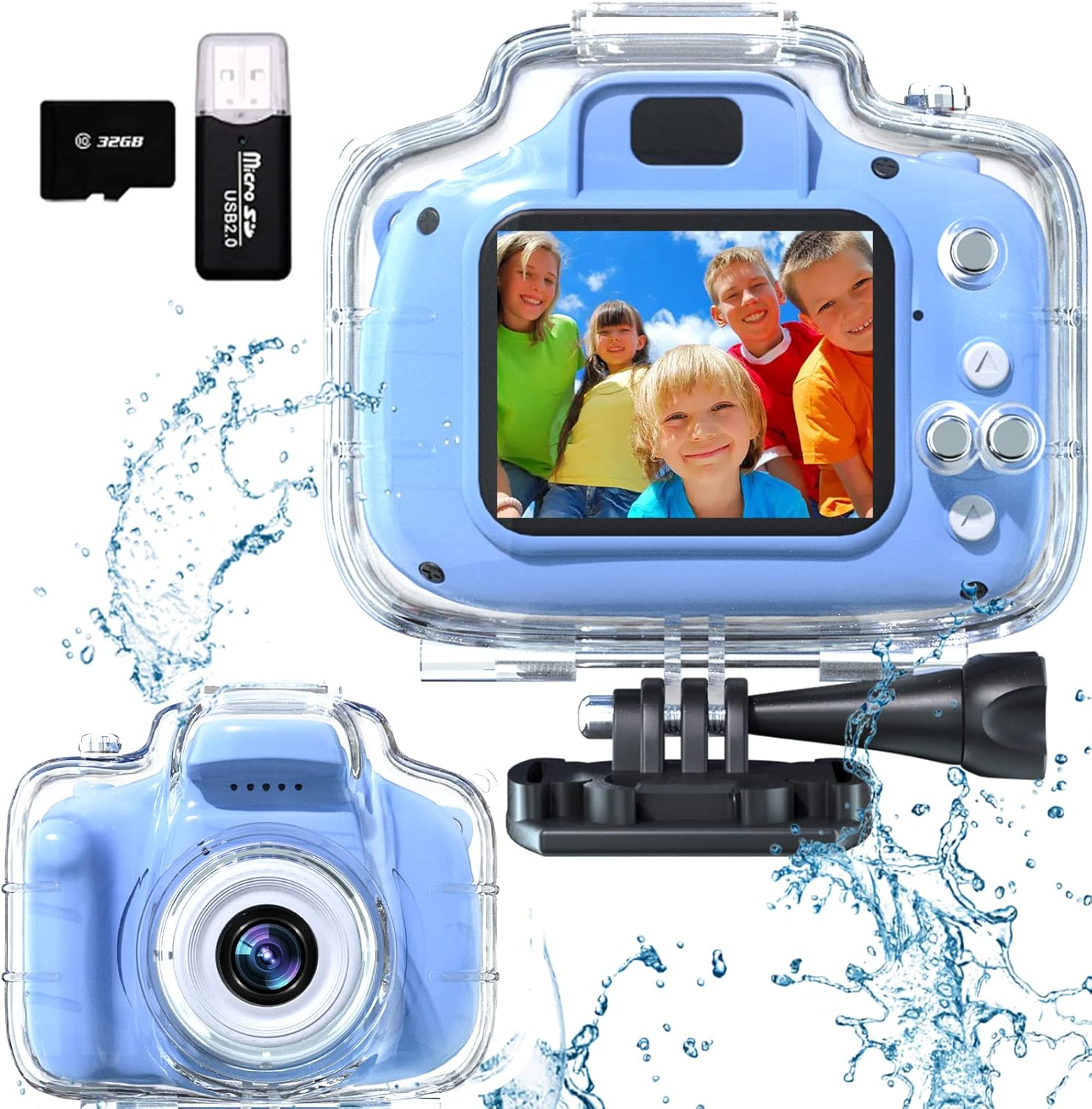 Fkateen kids waterproof underwater camera front view in blue