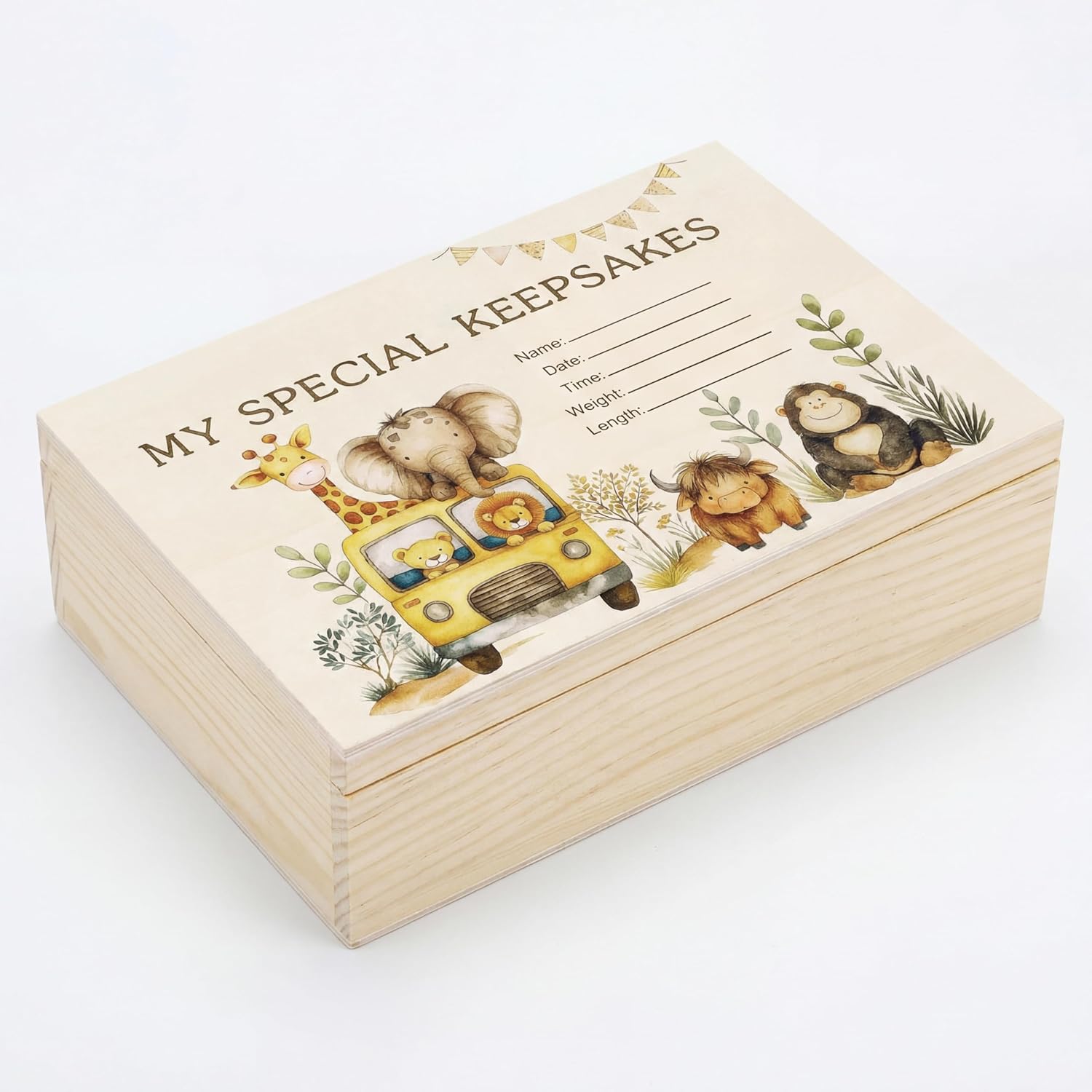 Beeveer Thyle Safari Wooden Baby Keepsake Box front view