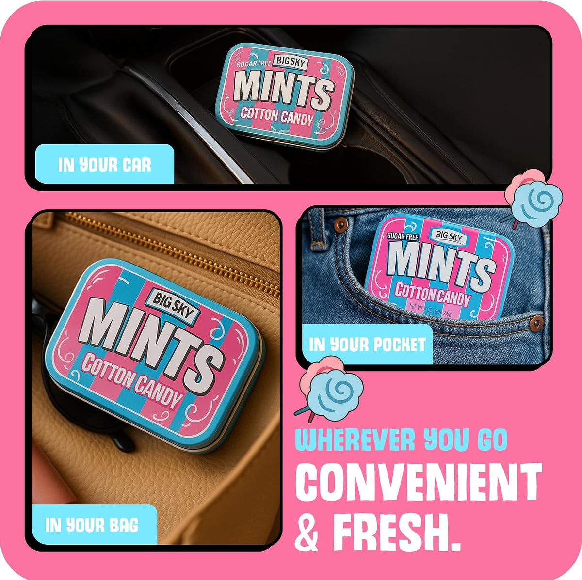 Six pack bundle of Big Sky cotton candy naturally flavored breath fresheners.