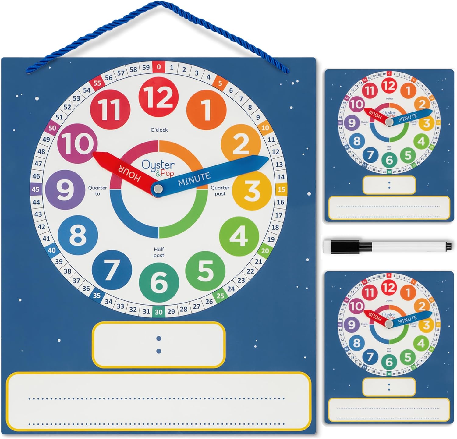 Oyster And Pop dry erase learning clocks 3 pack front view showing large magnetic clock and student clocks.