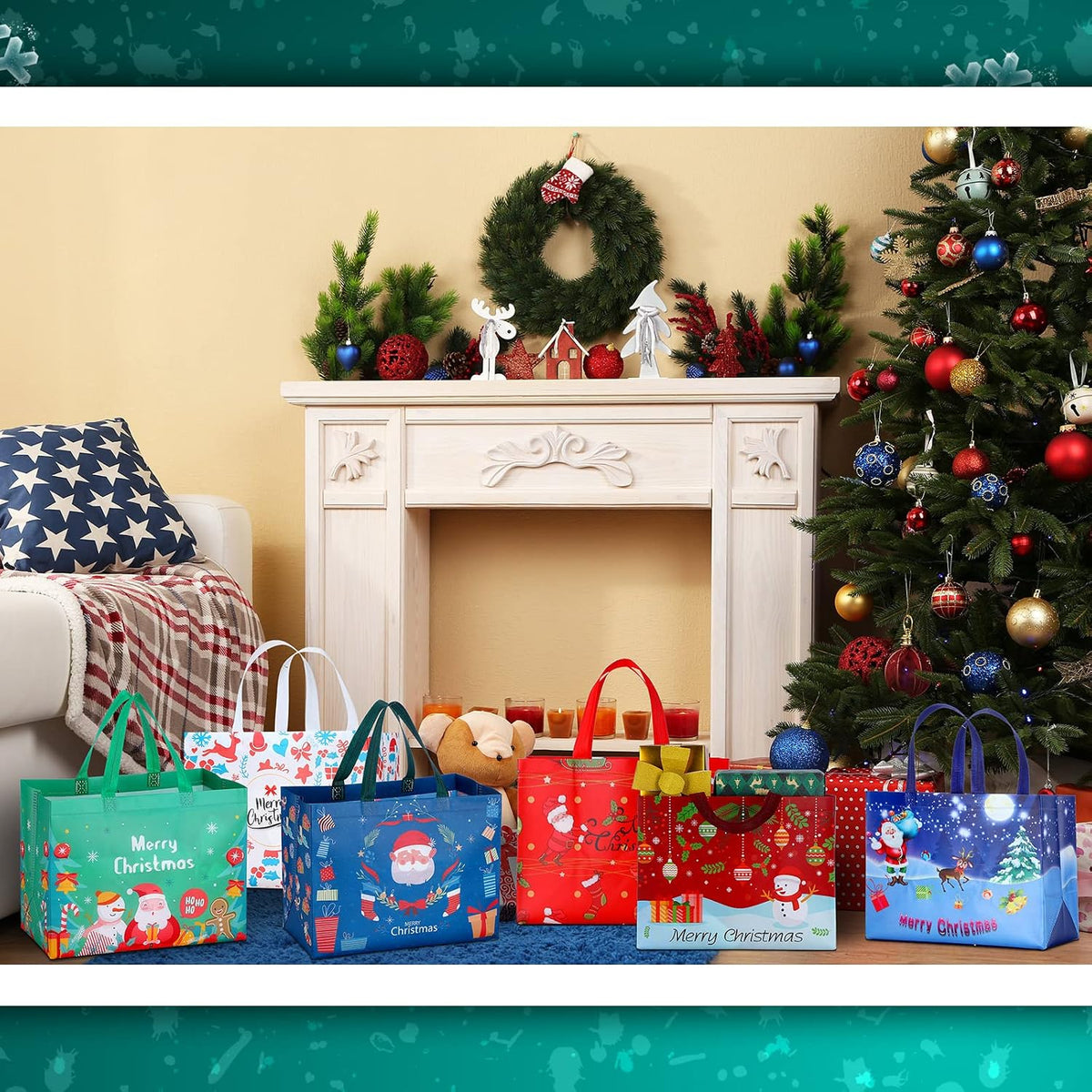 Macarrie Christmas party favor bags arranged under a holiday tree