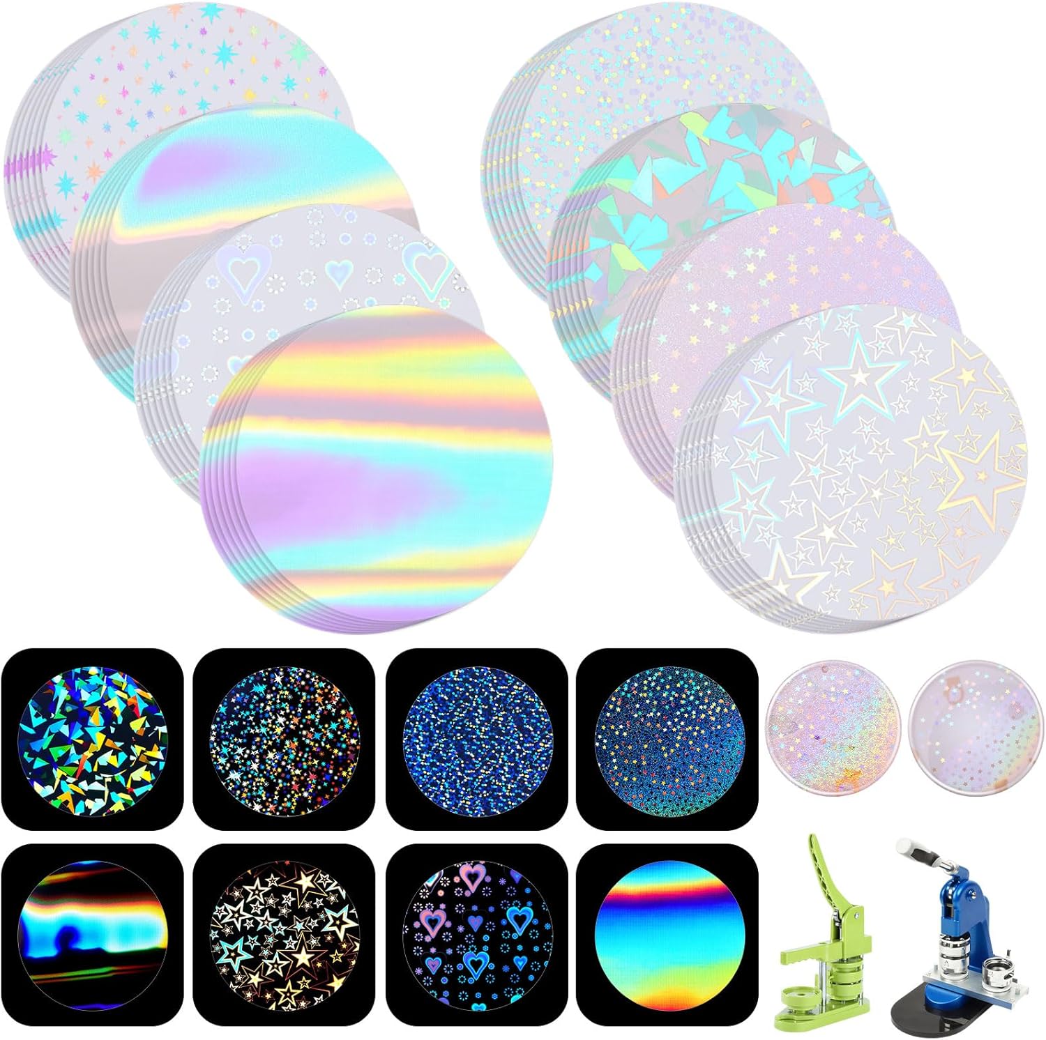Humyoun holographic badge protective film pack front view showing shimmering round sheets