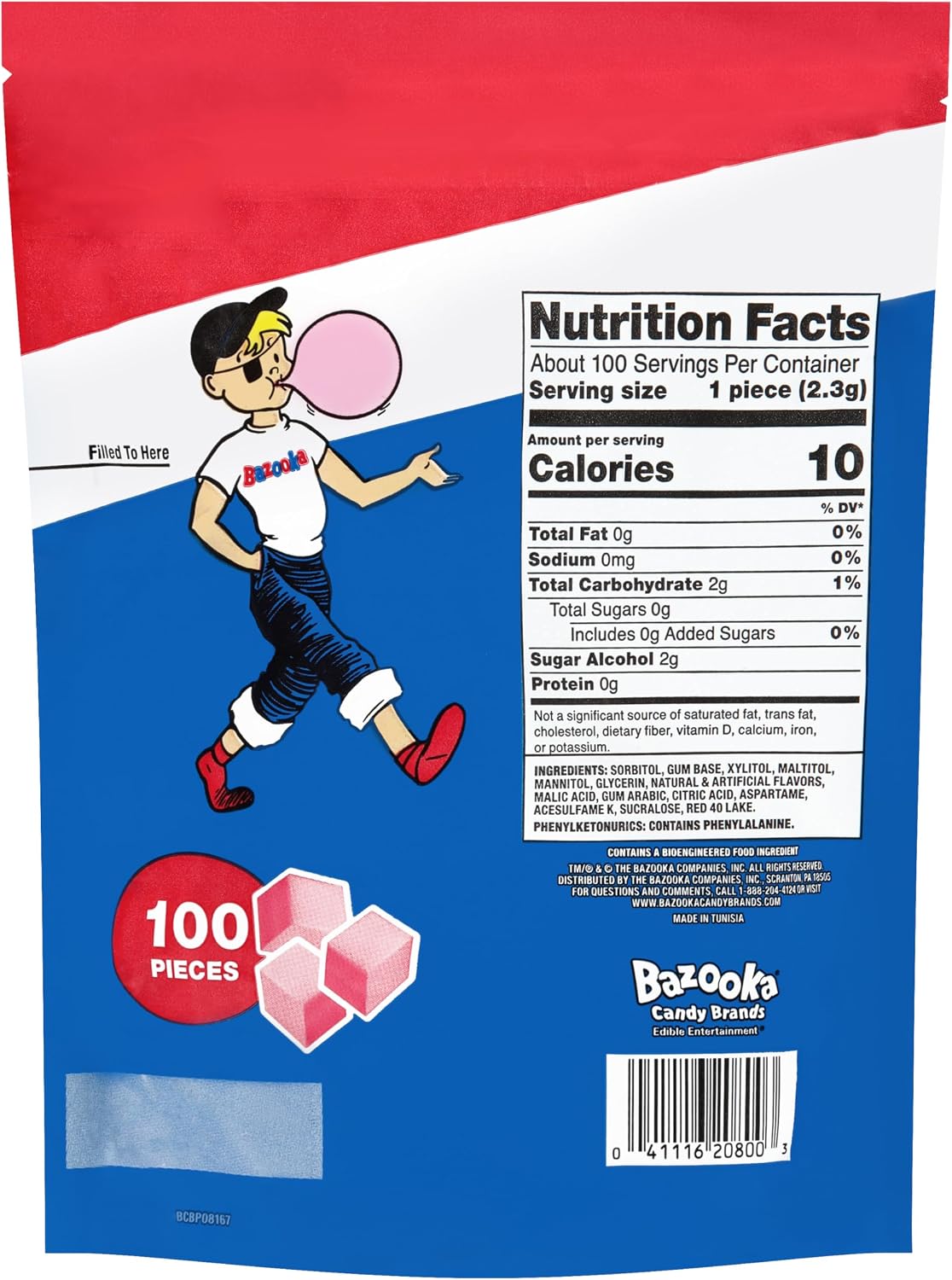 Bazooka original pink flavor chewing gum cubes close up view