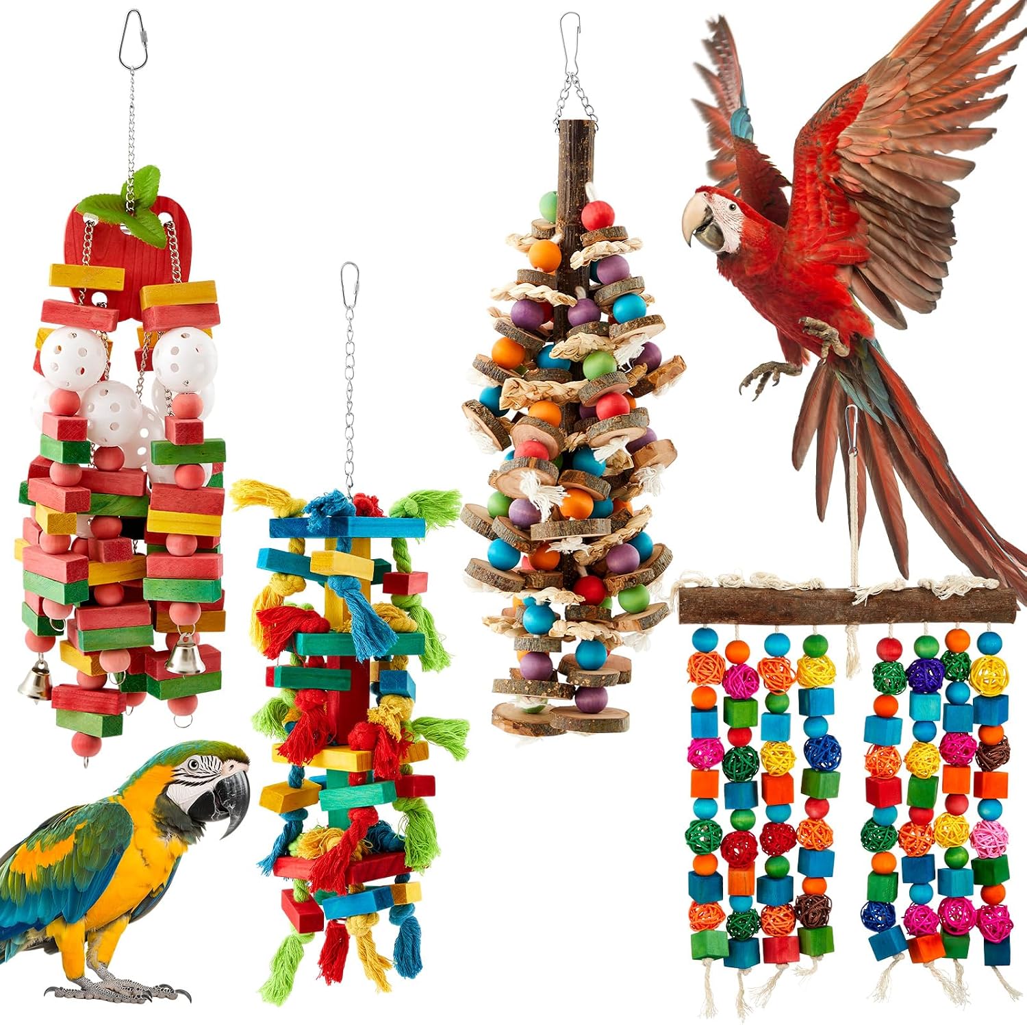 Seenelling extra large bird parrot toy four piece set front view hanging inside a large pet cage