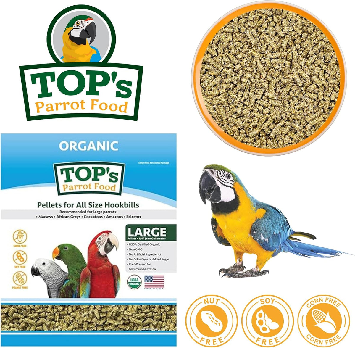Close up of TOP's USDA organic non-GMO parrot pellets