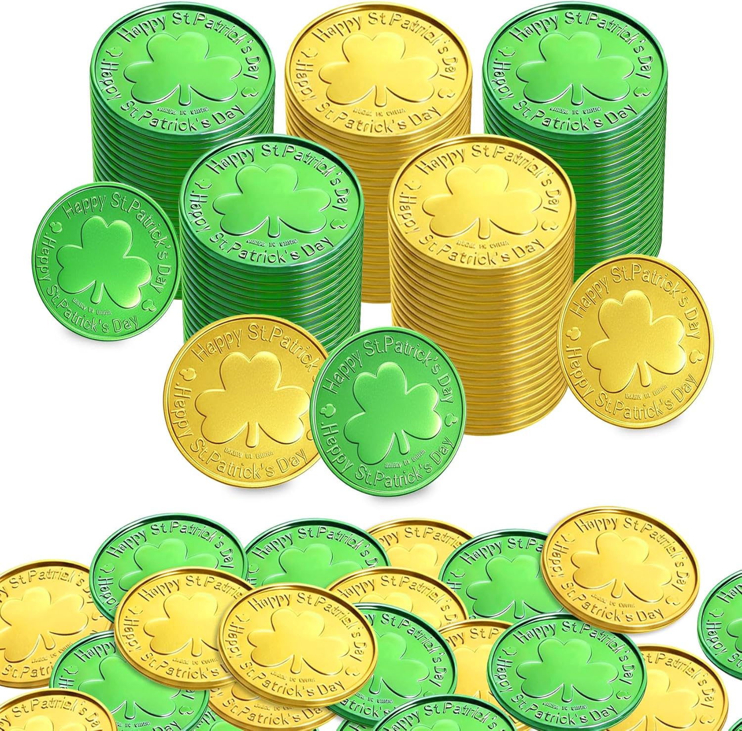 DIYASY St Patricks Day coins assortment in green and gold front view.