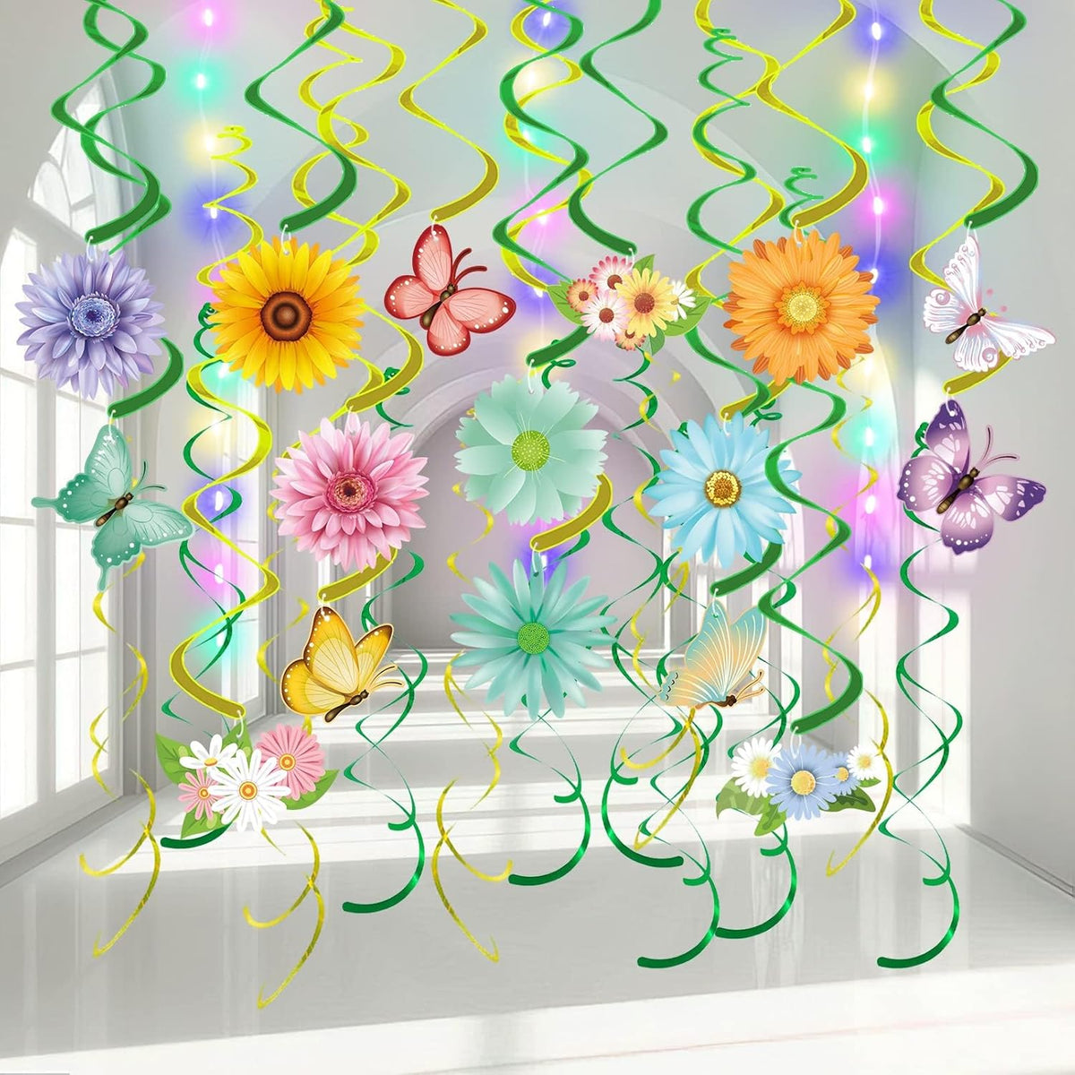 VABAMNA 33 piece spring hanging decorations front view displaying colorful flower and butterfly metallic swirls for home parties.