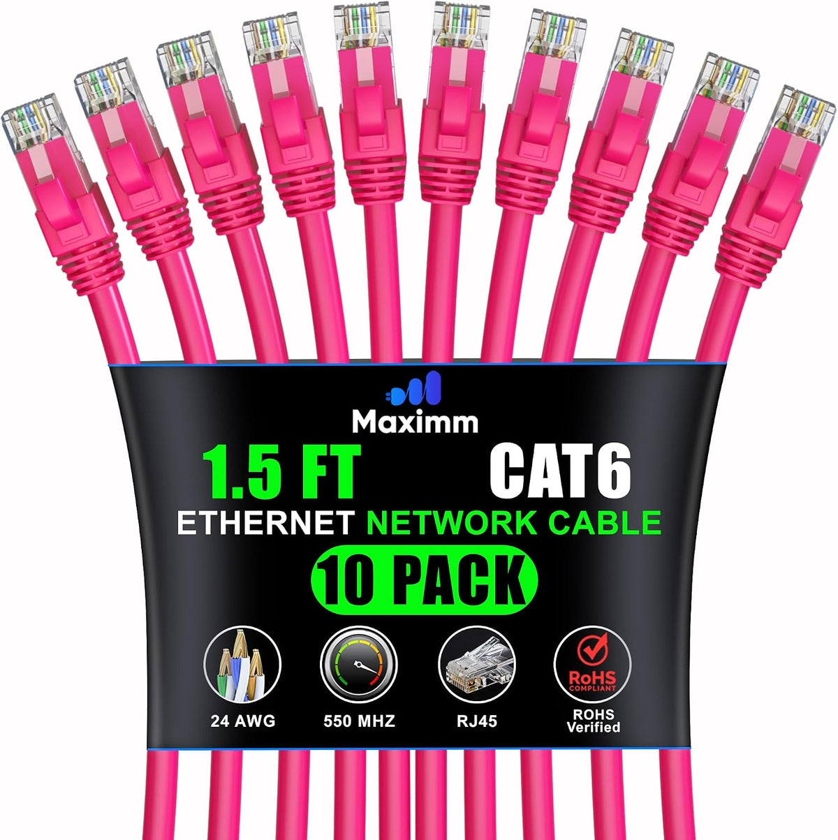 Maximm Cat6 Ethernet Cable 4 Ft Pink (10-Pack), 10Gbps 550MHz UTP Cord - Image 13