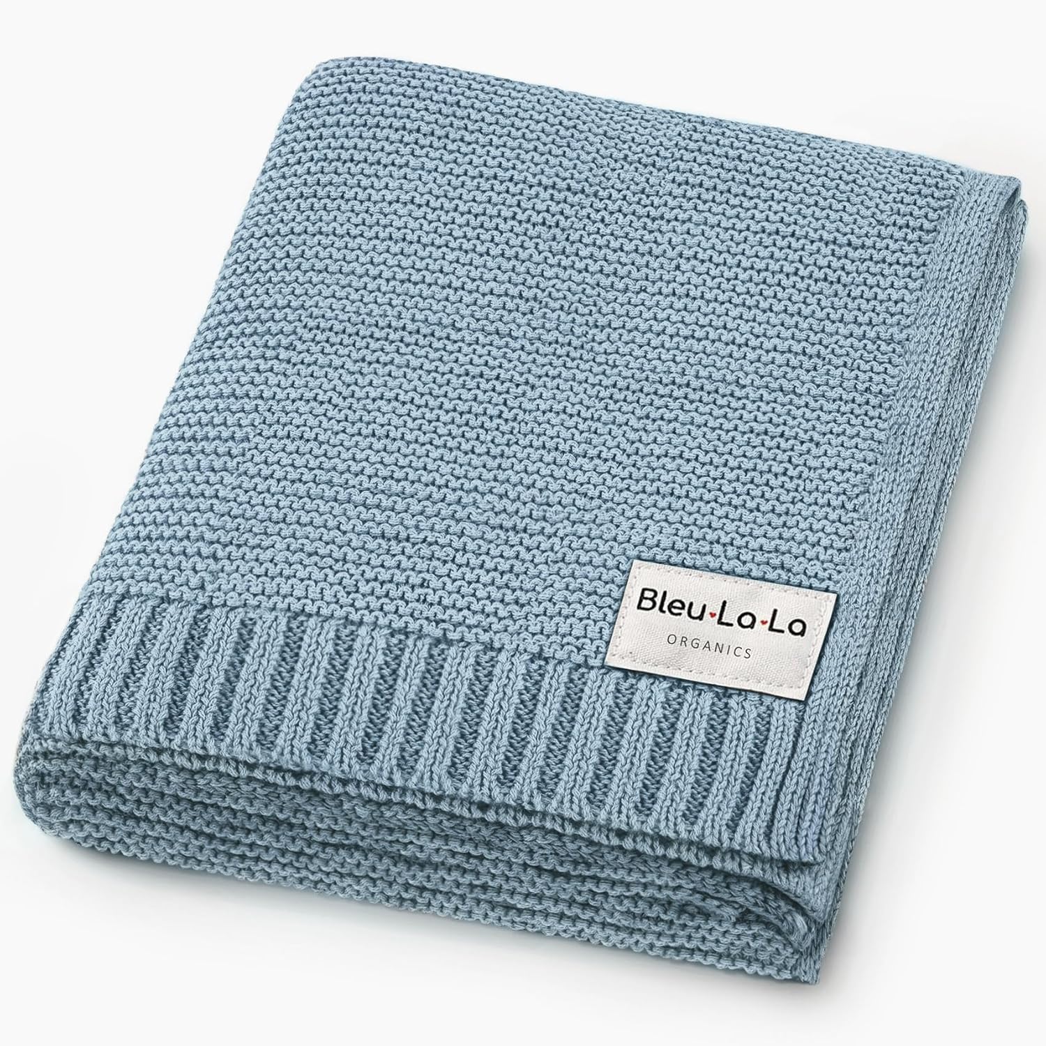 Bleu La La organic cotton heritage knit baby blanket front view in sky blue color.